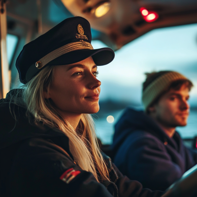 a woman captain with a male passenger representing SEO